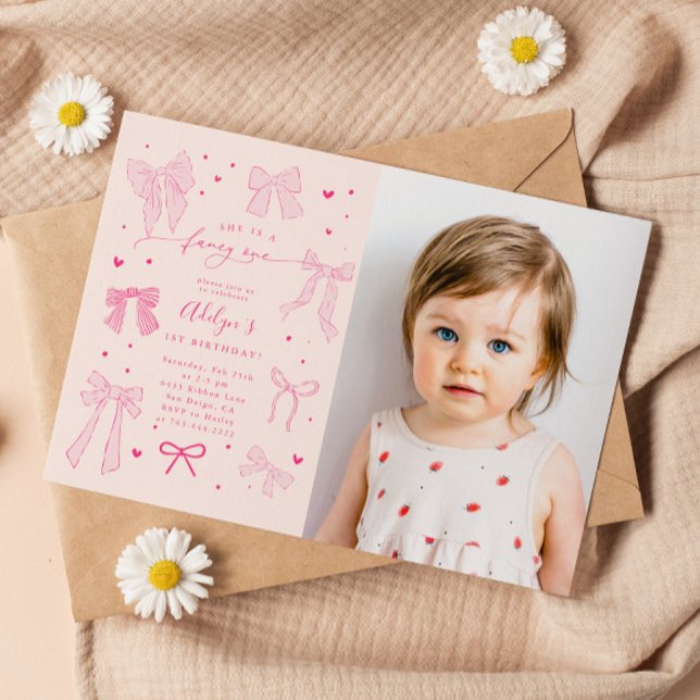 Pink Coquette Bows Fancy ONE Birthday Party Photo Invitation (Creator Uploaded)