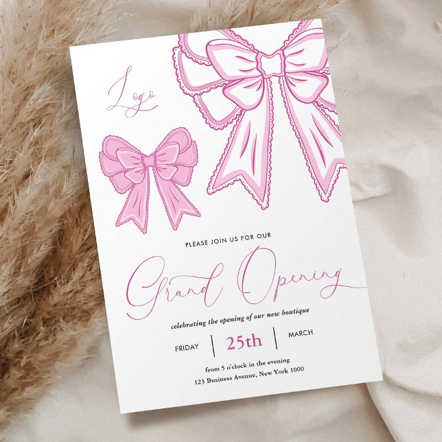 Pink Coquette Bows Feminine Grand Opening Business Invitation (Elegant pink coquette bows business grand opening invitation in pastel pink colors)
