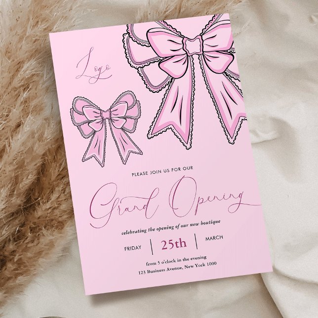 Pink Coquette Bows Feminine Grand Opening Business Invitation (Feminine blush pink coquette bows business grand opening invitation)