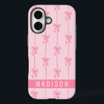 Pink Coquette Bows Modern Personalised Name Girly iPhone 16 Case<br><div class="desc">Pink Coquette Bows Modern Personalised Name Girly iPhone 16 Cases features your personalised name in a simple modern script typography with cute coquette bows. Perfect gift for her for birthday,  mum for Mother's Day,  sister or bestie for Christmas and holidays. Designed by ©2024 Evco Studio www.zazzle.com/store/evcostudio</div>