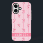 Pink Coquette Bows Modern Personalised Name Girly iPhone 16 Case<br><div class="desc">Pink Coquette Bows Modern Personalised Name Girly iPhone 16 Cases features your personalised name in a simple modern script typography with cute coquette bows. Perfect gift for her for birthday,  mum for Mother's Day,  sister or bestie for Christmas and holidays. Designed by ©2024 Evco Studio www.zazzle.com/store/evcostudio</div>
