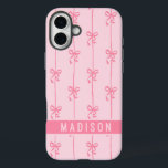 Pink Coquette Bows Modern Personalised Name Girly iPhone 16 Plus Case<br><div class="desc">Pink Coquette Bows Modern Personalised Name Girly iPhone 16 Plus Cases features your personalised name in a simple modern script typography with cute coquette bows. Perfect gift for her for birthday,  mum for Mother's Day,  sister or bestie for Christmas and holidays. Designed by ©2024 Evco Studio www.zazzle.com/store/evcostudio</div>