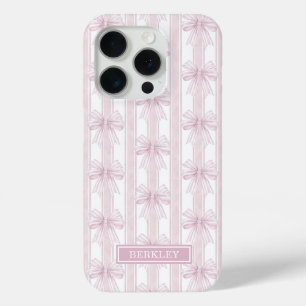 Pink Coquette Bows on Stripes Monogrammed iPhone 15 Pro Case