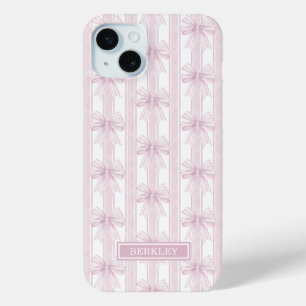Pink Coquette Bows on Stripes Monogrammed iPhone 15 Mini Case