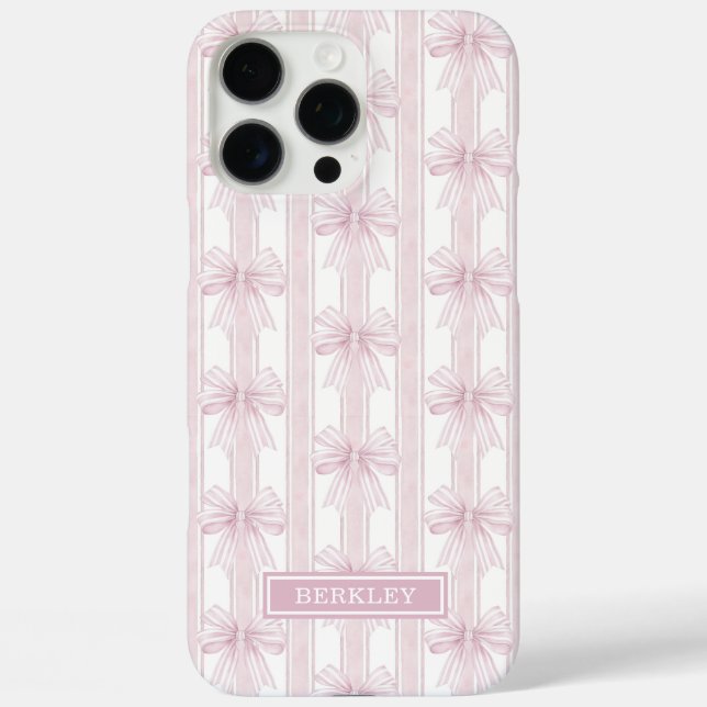 Pink Coquette Bows on Stripes Monogrammed Case-Mate iPhone Case (Back)
