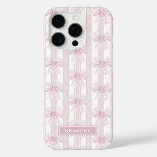 Pink Coquette Bows on Stripes Monogrammed iPhone 16 Pro Case
