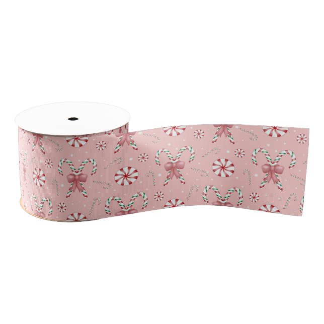 Pink Coquette Candy Cane Pattern Holiday Grosgrain Ribbon (Spool)