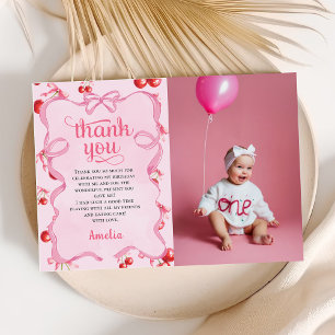 Pink Coquette Cherry Birthday Photo Thank You Card