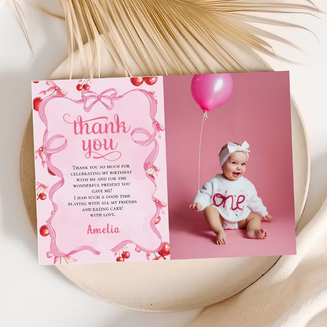 Pink Coquette Cherry Birthday Photo Thank You Card (Creator Uploaded)