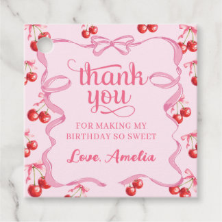 Pink Coquette Cherry Bow Birthday Favour Tags