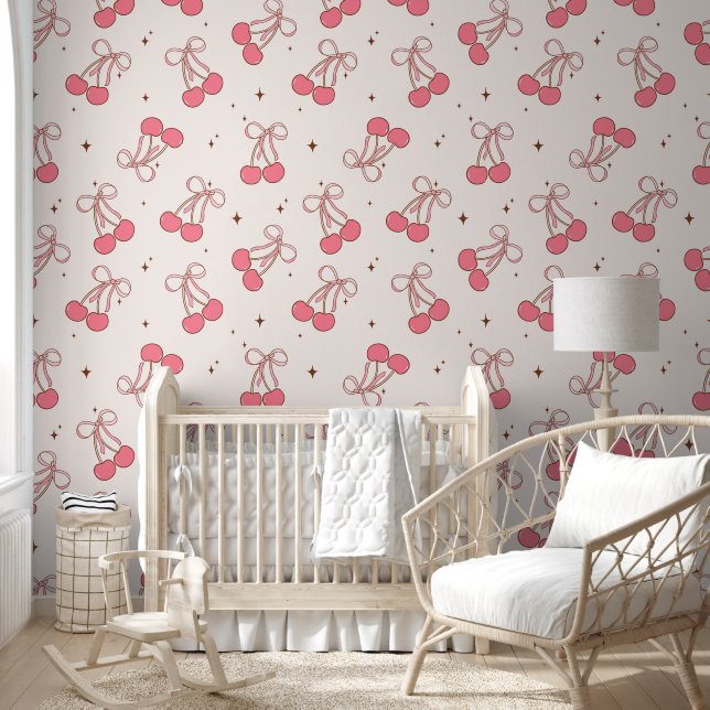 Pink Coquette Cherry Bow Pattern Wallpaper (Kids)