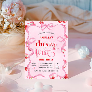 Pink Coquette Cherry First Birthday Invitation