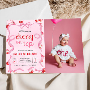 Pink Coquette Cherry on Top Birthday Photo Invitation