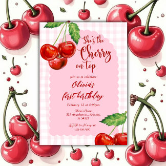 pink Coquette Cherry on top Girl 1st Birthday Invitation