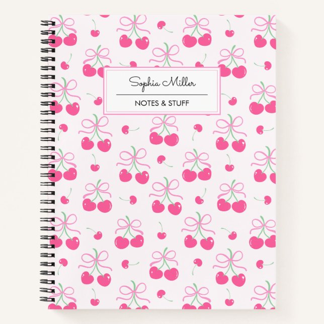 Pink Coquette Cherry with bows Monogram Notebook (Front)