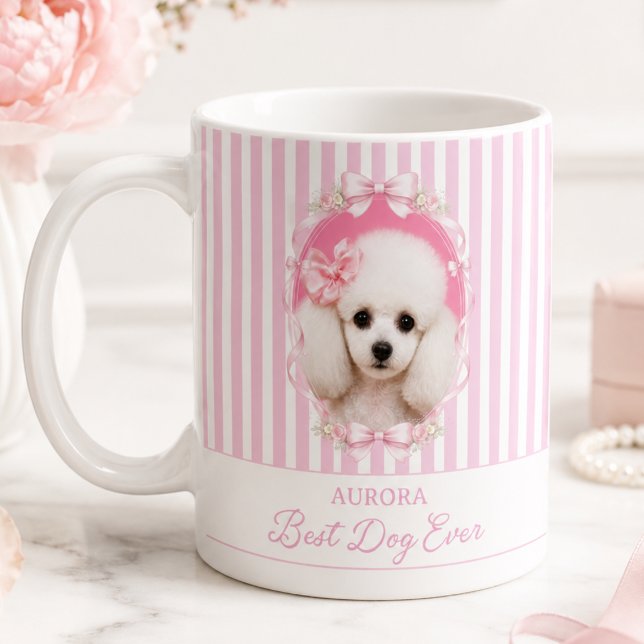 Pink Coquette Dog Custom Photo Coffee Mug (cute girly pink coquette bow stripe best dog ever mug with custom dog photo and name)