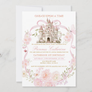 Pink Coquette Floral Castle First Birthday  Invitation