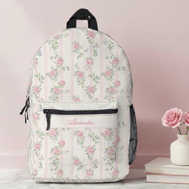 Pink Coquette Floral Printed Backpack (cute pink coquette roses floral backpack for girls with custom monogram name in calligraphy script)