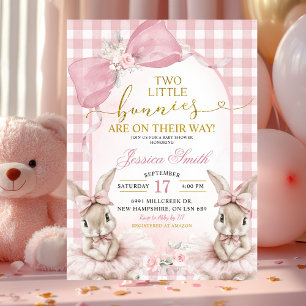 Pink Coquette Gingham Twin Bunnies Baby Shower Invitation