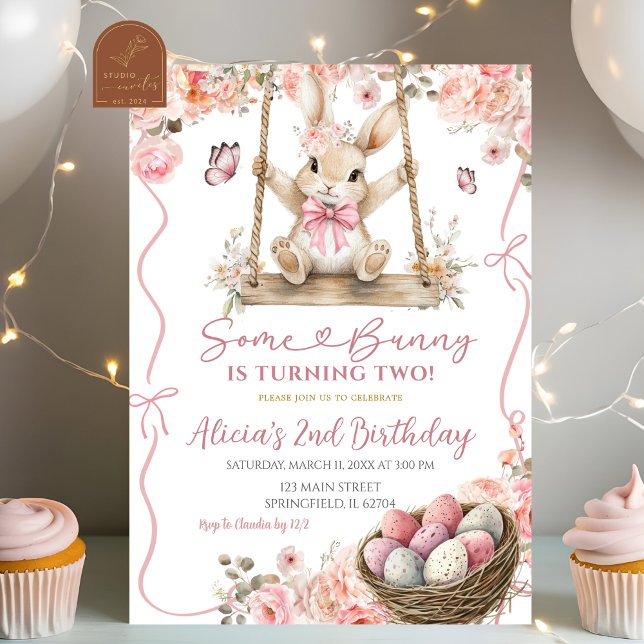 Pink Coquette Girl Easter Bunny Birthday Invitation (Creator Uploaded)