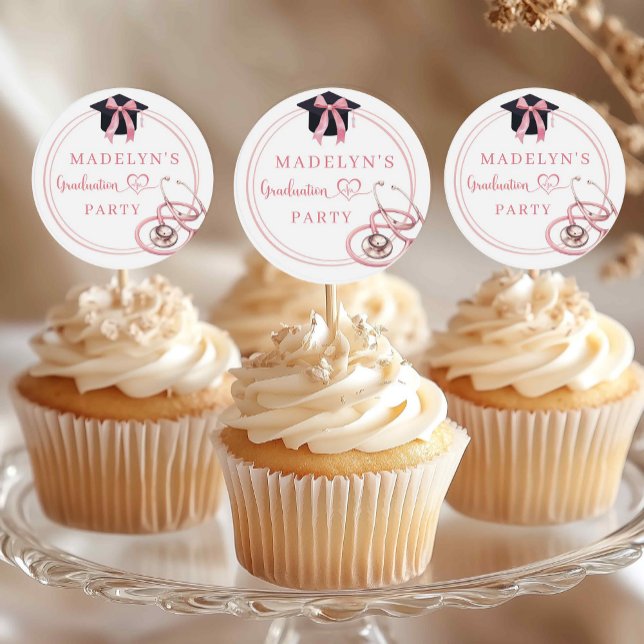 Pink Coquette Graduation Nurse Cupcake Topper Classic Round Sticker (Creator Uploaded)