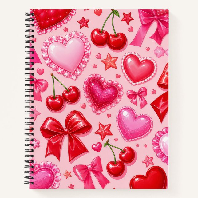 Pink Coquette Hearts and Cherries Notebook (Front)