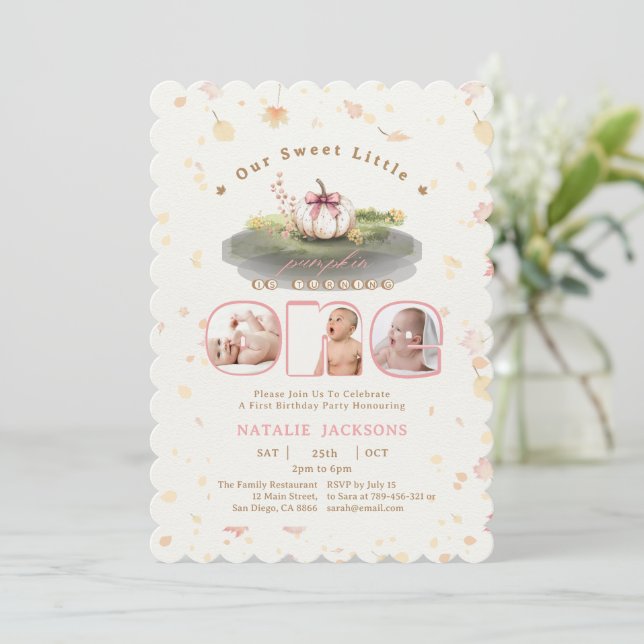 Pink Coquette Little Pumpkin 3 Photos 1st Birthday Invitation (Standing Front)