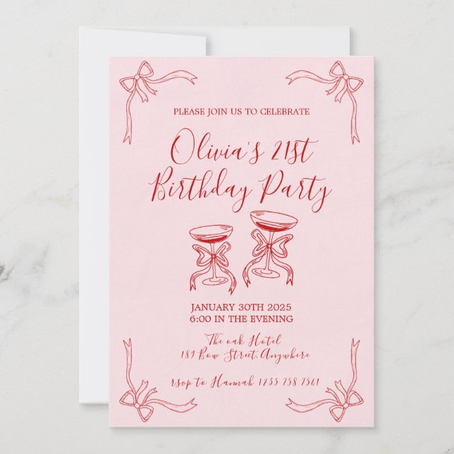 Pink Coquette Martini Bow Invitation (Front)