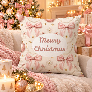Pink Coquette Merry Christmas Bows & Pearls Throw Cushion