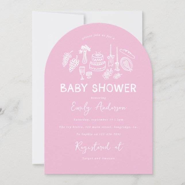 Pink coquette modern hand drawn baby shower invitation (Front)