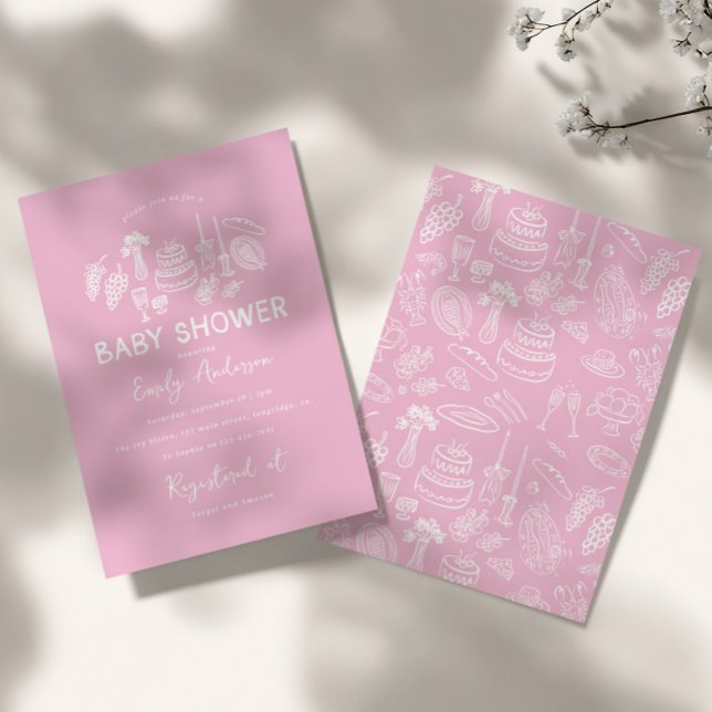 Pink coquette modern hand drawn baby shower invitation (Creator Uploaded)