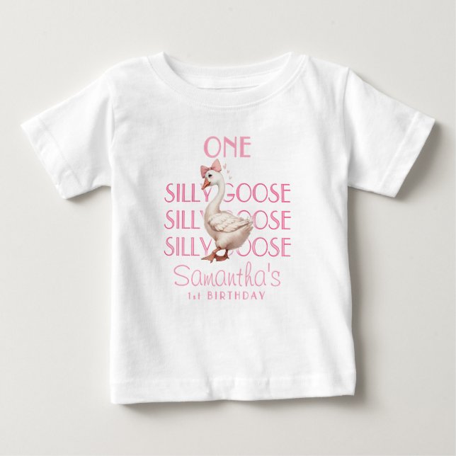 Pink Coquette One Silly Goose Girl 1st Birthday Baby T-Shirt (Front)
