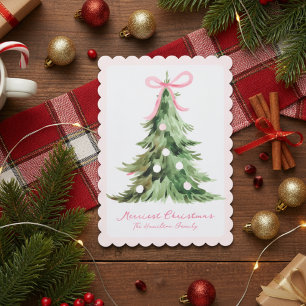 Pink Coquette Ornate Rococo Bow Christmas tree Holiday Card