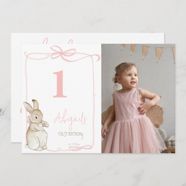 Pink Coquette Peter the Rabbit 1st First Birthday Thank You Card (Front/Back)