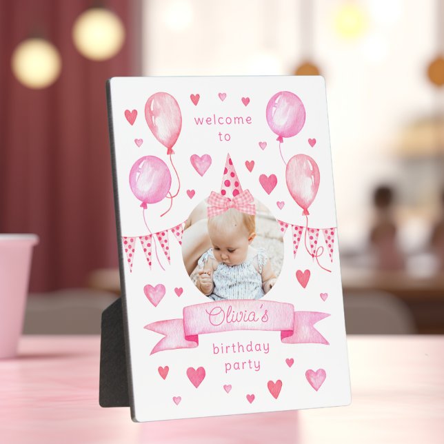 Pink Coquette Photo Hat Birthday Party Welcome Plaque (pink coquette welcome sign 5x7 with easel)