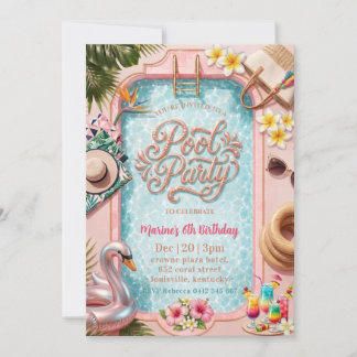 Pink Coquette Pool party Summer Swim Birthday  Invitation