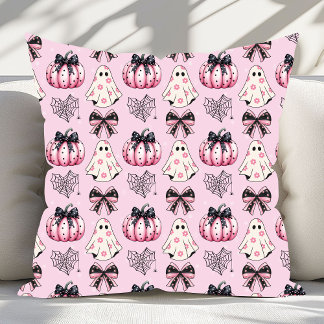 Pink Coquette Pumpkin Ghosts Halloween Pattern Cushion