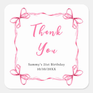 Pink Coquette Ribbon Birthday Party Thank You Square Sticker