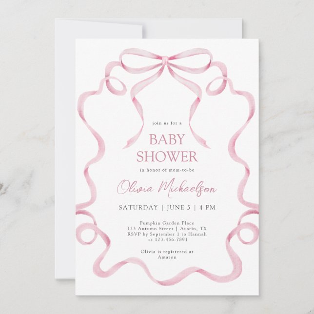 Pink Coquette Ribbon Bow Blush Frame Baby Shower Invitation (Front)