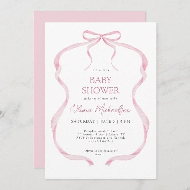 Pink Coquette Ribbon Bow Elegant Girl Baby Shower Invitation (Front/Back)