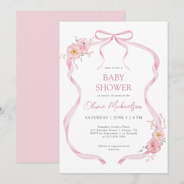 Pink Coquette Ribbon Bow Floral Girl Baby Shower Invitation (Front/Back)