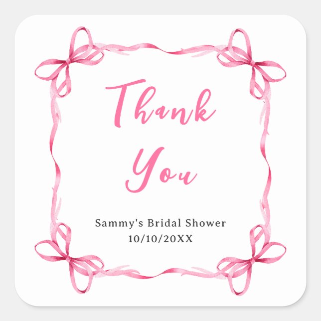 Pink Coquette Ribbon Bridal Shower Thank You Square Sticker (Front)