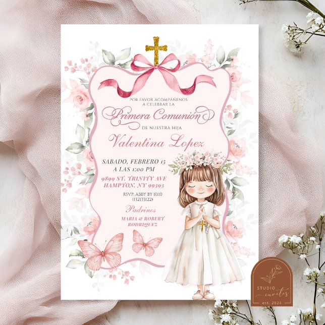 Pink Coquette Ribbon Floral First Holy Communion Invitation (Creator Uploaded)