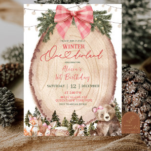 Pink Coquette Rustic Winter Forest 1st Birthday Invitation