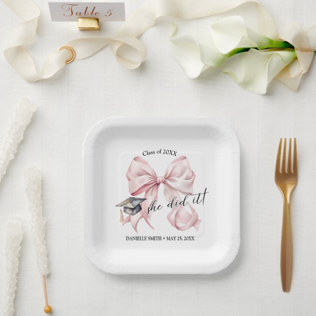 Pink Coquette She Did It Square Paper Plate (Wedding)