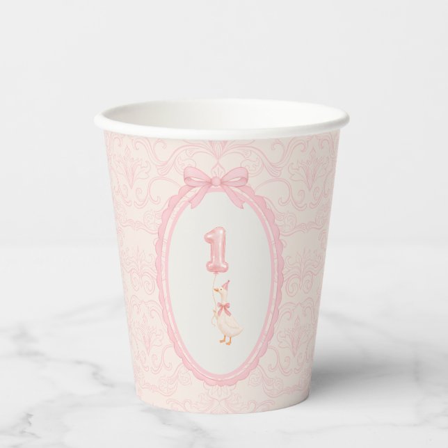 Pink Coquette Silly Goose 1st Birthday  Paper Cups (Front)
