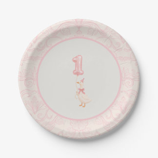 Pink Coquette Silly Goose 1st Birthday Paper Plate