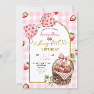Pink Coquette Strawberry Gingham First Birthday Invitation