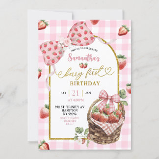 Pink Coquette Strawberry Gingham First Birthday Invitation