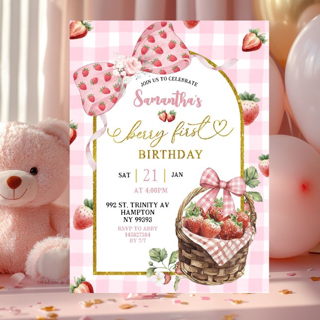 Pink Coquette Strawberry Gingham First Birthday Invitation (Creator Uploaded)